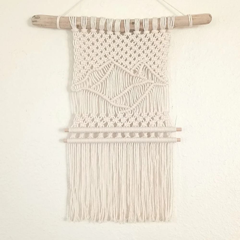 Handmade Macrame wall hanging Mountain scene on driftwood